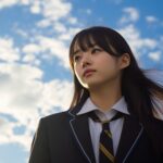 空を見上げる制服姿の女性