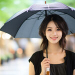 雨の日も楽しむ若い女性