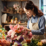 花々の美を紡ぐ女性の繊細な手さばき