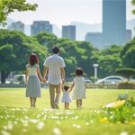 公園を歩く家族の後ろ姿