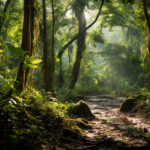 林と林の間に作った木が転がっている山道