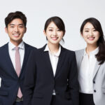 笑顔で案内する二人のスーツ姿の会社員