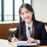 制服を着て勉強をする笑顔の女子高校生