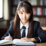 制服を着て勉強をする笑顔の女子高校生