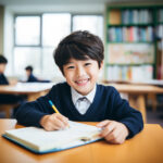 パーカーを着て勉強している男子中学生