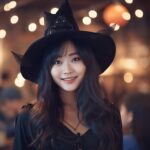 ハロウィンに魔女のコスプレをする女性