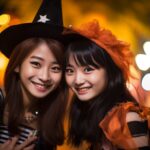 ハロウィンに魔女のコスプレをする女性