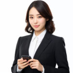 片手にスマートフォンを持ち笑顔を見せる会社員女性