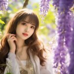 満開の藤の花とカメラ目線の若い女性