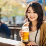 ビアガーデンでビールを飲む女性