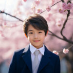 春の桜が咲く中勇ましい笑顔を見せる少年