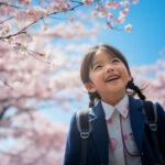 満開の桜の前で記念撮影をとる小学生