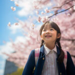 笑顔の女の子が新しい制服で通学していく風景