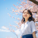 桜と共に新生活を迎える若い女性