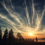 夕焼けがきれいな空の飛行機雲