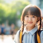 集団登校中にこちらを見る小学生の女の子