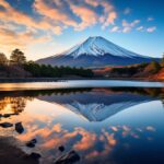 夕焼けで真っ赤に染まる空と富士山