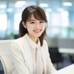 オフィスでこちらを見て立っている若い女性