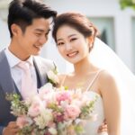 結婚式を挙げる幸せな花婿と花嫁