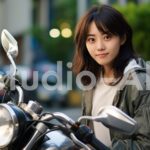 バイクで観光中に休憩する女性