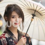 雨の日の女子の微笑みの瞬間