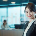 広いオフィスを案内する美人な社員