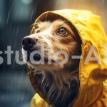 雨の中遠くを見る犬のイメージ