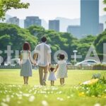 公園を歩く家族の後ろ姿