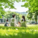 公園を歩く家族の後ろ姿