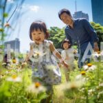 晴天の緑豊かな公園で遊ぶ家族