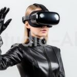 革の服に身を包んだ女性がVRを体験中