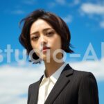 斜め上を見ているスーツ姿の社会人女性