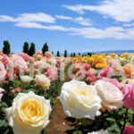 白・ピンク・イエローの薔薇が咲くローズ園