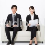 休憩中に微笑む二人の会社員