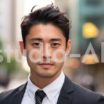 少し目を細めてこちらをみている会社員男性