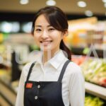 新鮮な野菜や果物の陳列を担当する女性店員