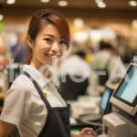 スーパーマーケットの店内でお客様に案内をする女性