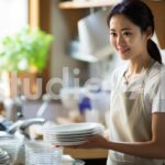 喫茶店のキッチンで食器を片付ける女性