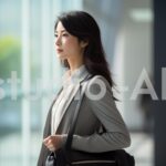 スーツ姿で出社するバッグをかけた女性