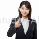 右手で指をさした可愛く微笑む女子社員