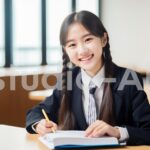 制服を着て勉強をする笑顔の女子高校生