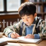 小学生の男の子が真剣な表情で机に座って勉強する様子