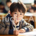 男の子がペンと教科書を持って熱心に勉強している様子