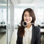 職場内を笑顔で案内する女性社員