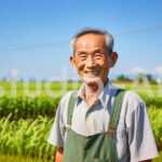 農場の畑で新しい一日を迎えるおじいさん