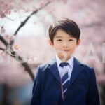 桜と写る笑顔の男の子