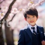 満開の桜が男の子を祝福する