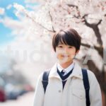 満開の桜が男の子を祝福する