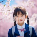 桜の花が舞う中を制服姿で楽しげに通学していく姿