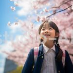 笑顔の女の子が新しい制服で通学していく風景